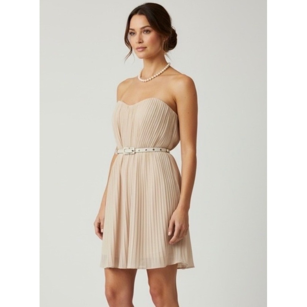 French Connection Pleated Strapless‎ Dress Size 2 Champagne Beige Cocktail Mini